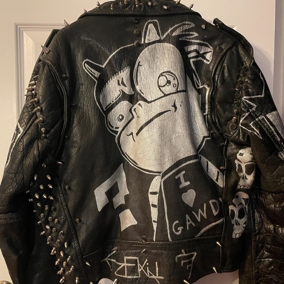 Hand-painted Johnny The Homicidal Maniac (JTHM) Black Leather Biker Jacket - Picture 7 of 8